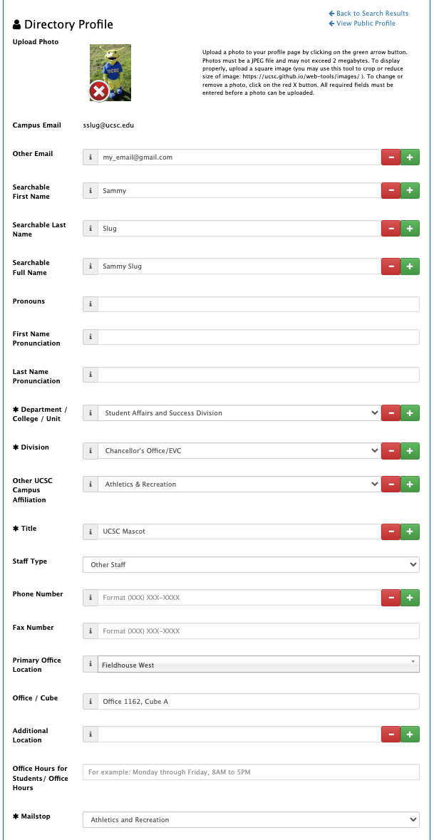 Example of the fields in the UCSC directory